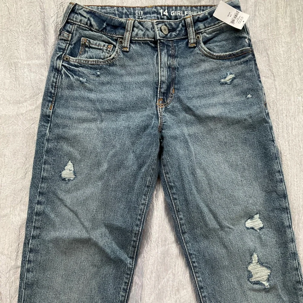 New Gap Kids Girlfriend Slim Distressed Jeans Medium Wash Blue Denim‎ Sz 14 Slim